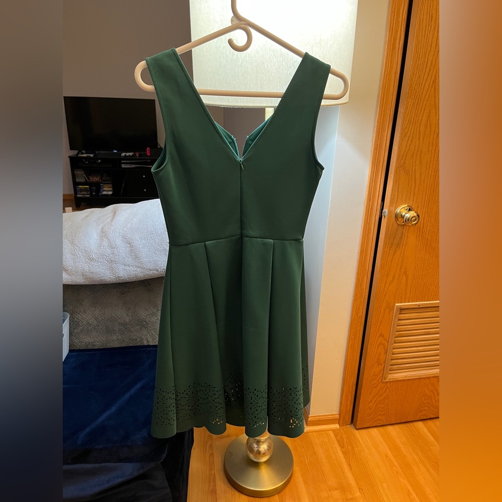 Adorable Dark Green A-Line Dress with Laser Cut Out Hem Detail